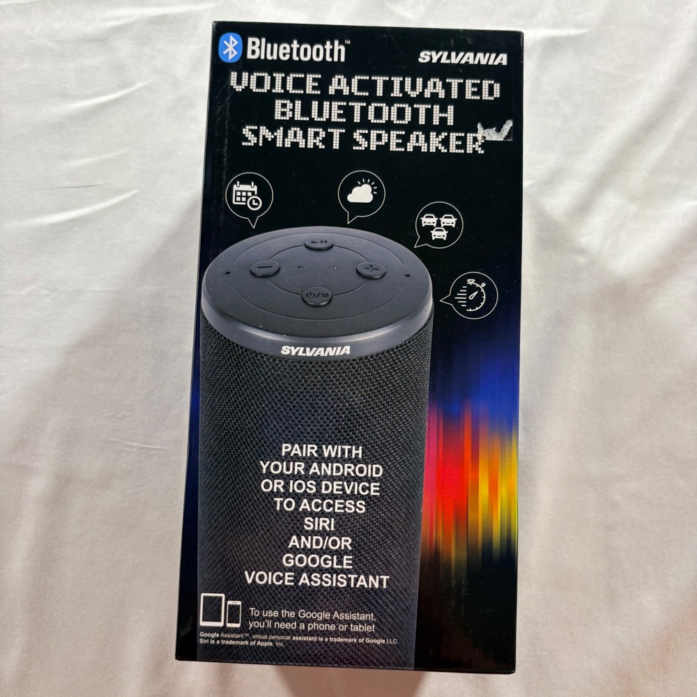 Sylvania Voice Activated Bluetooth Smart Speaker SP5776-DG Black Siri Google New
